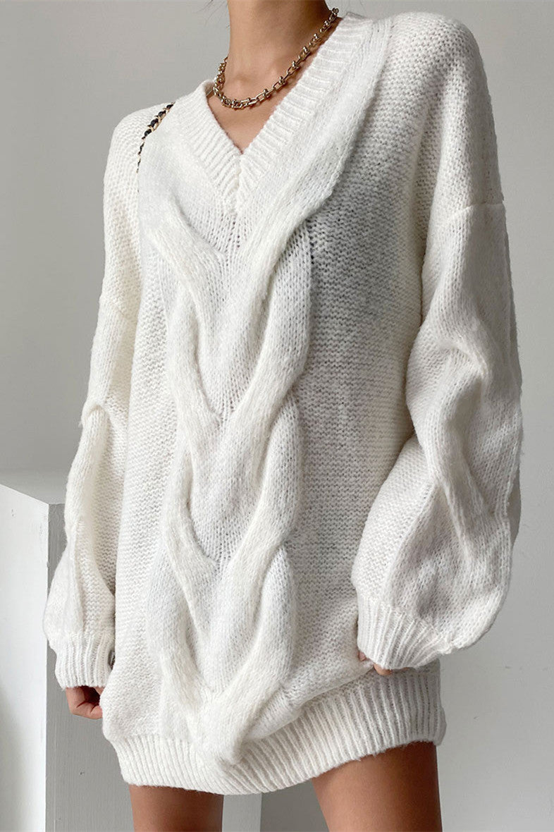 Elegantes HeidiV-Ausschnitt Laternenärmel Strickkleid