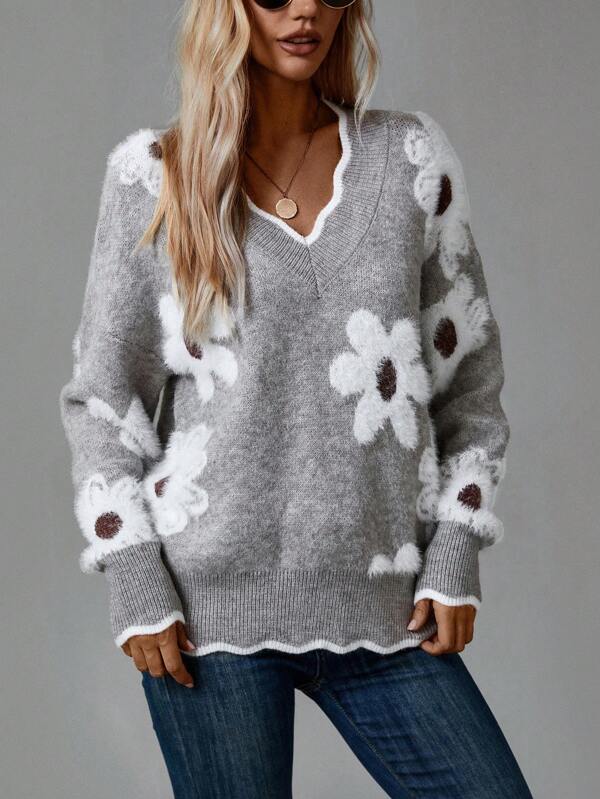 Mario – Grauer Pullover mit Blumen und V-Ausschnitt