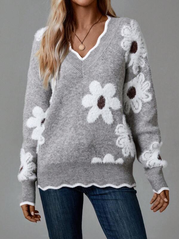 Mario – Grauer Pullover mit Blumen und V-Ausschnitt
