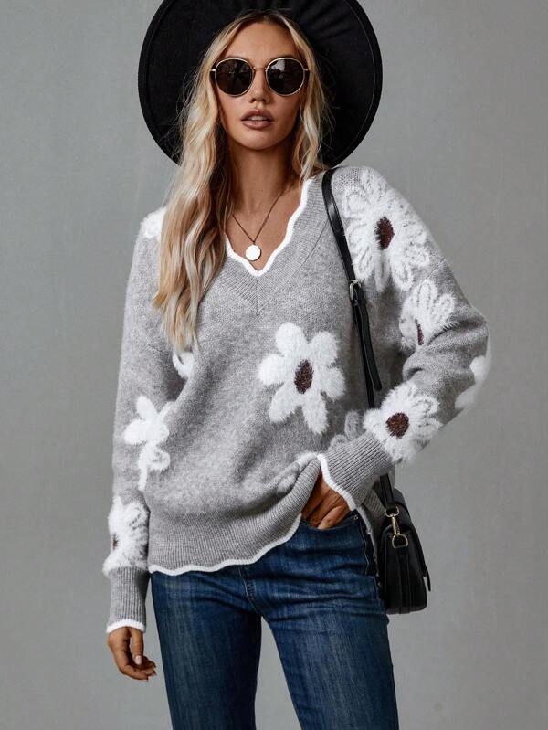 Mario – Grauer Pullover mit Blumen und V-Ausschnitt