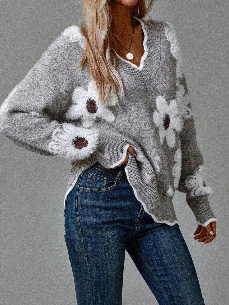 Mario – Grauer Pullover mit Blumen und V-Ausschnitt