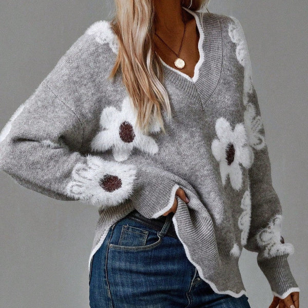 Mario – Grauer Pullover mit Blumen und V-Ausschnitt
