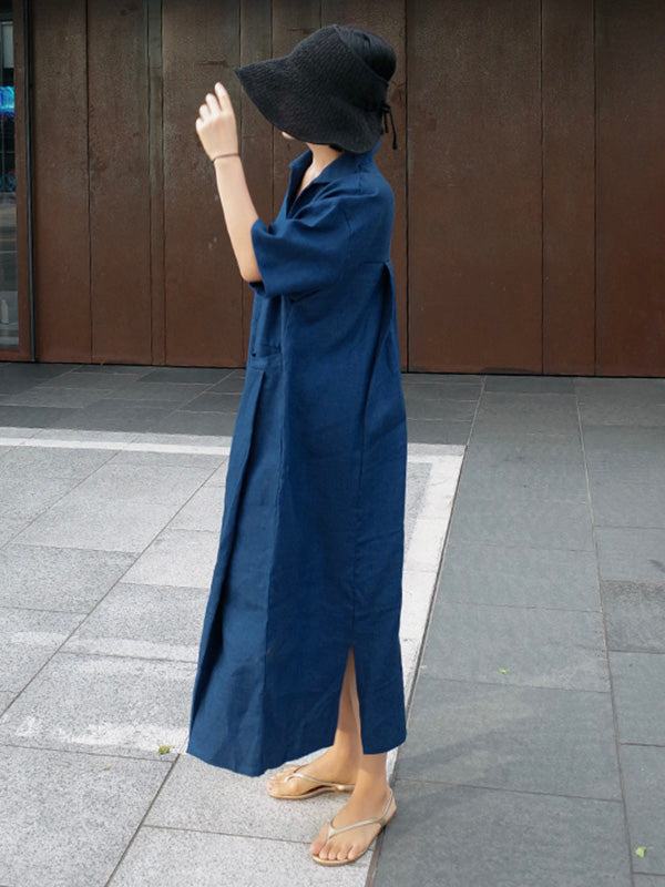 Elfriede - Hemdkleid mit V-Ausschnitt aus Baumwolle und Leinen