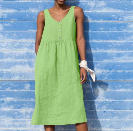 Carita Damen-Kleid, Einfarbig, Locker, Elegant, Lässig, Ärmellos, Baumwoll-