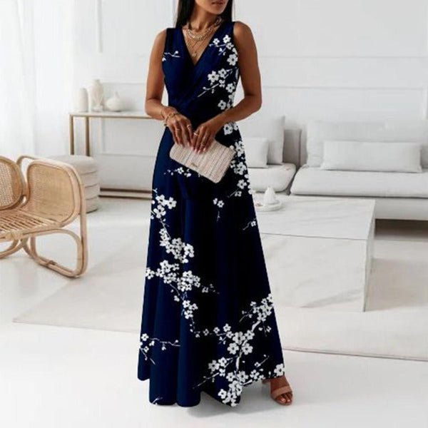 Edwina - Marinefarbenes ärmelloses Maxikleid mit Blumendruck