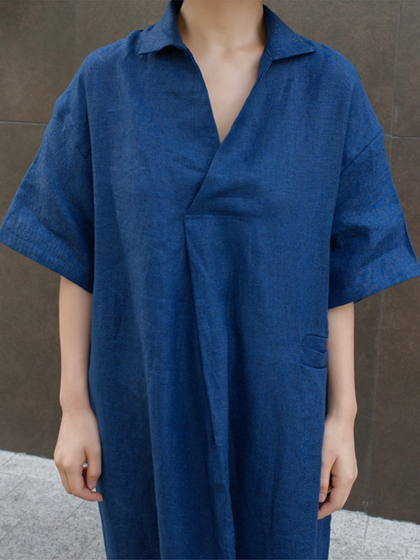 Elfriede - Hemdkleid mit V-Ausschnitt aus Baumwolle und Leinen