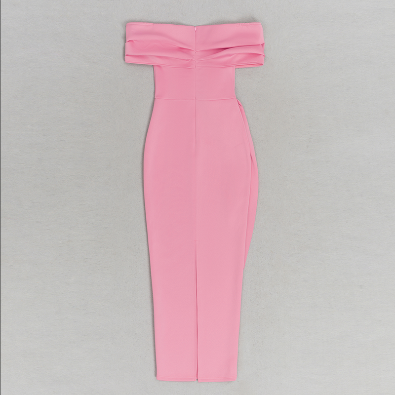 Schulterfreies Midikleid mit Rüschen | Rosa