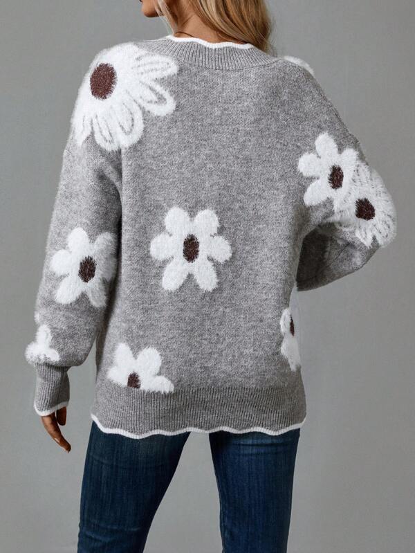 Mario – Grauer Pullover mit Blumen und V-Ausschnitt