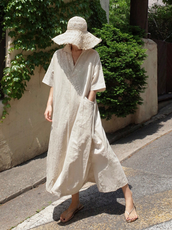 Elfriede - Hemdkleid mit V-Ausschnitt aus Baumwolle und Leinen
