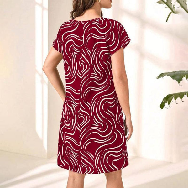 Kleid | Elegant Modisches rotes Midi-kleid mit Rundhalsausschnitt und Streifendetail