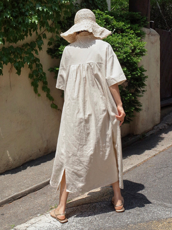 Elfriede - Hemdkleid mit V-Ausschnitt aus Baumwolle und Leinen