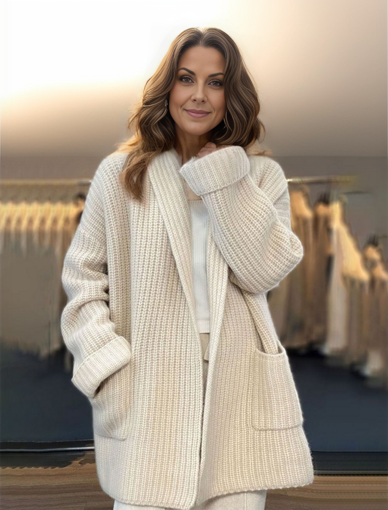 Elegante weiße Langarm-Strickjacke
