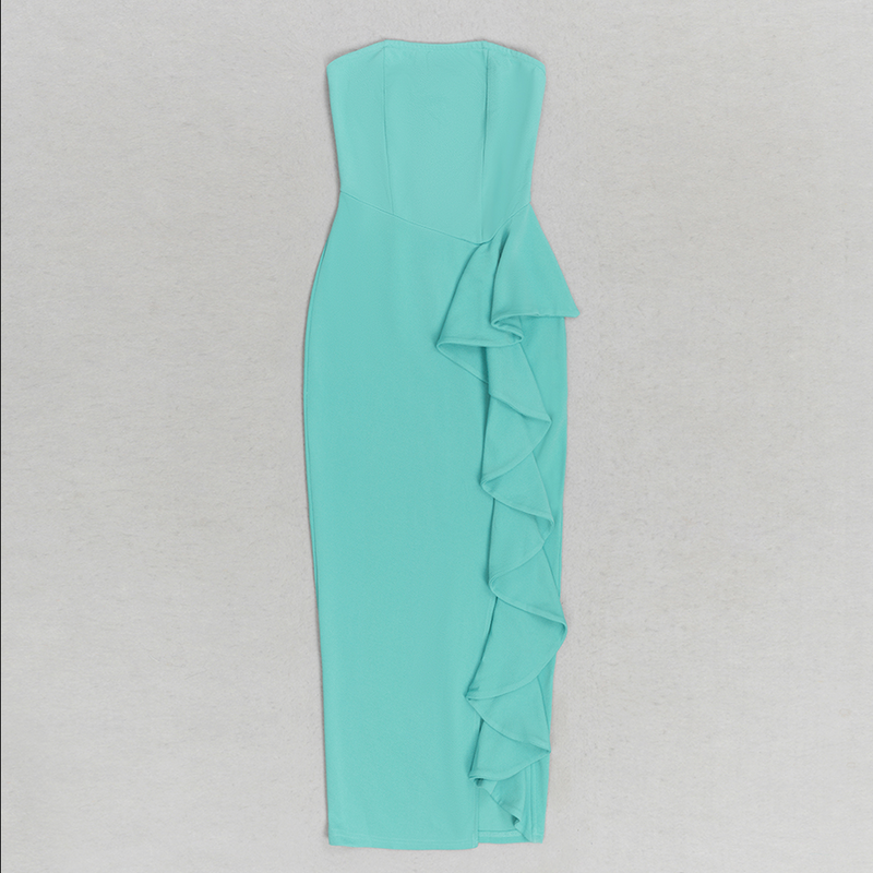 Trägerloses, asymmetrisches, figurbetontes Midikleid | Grün