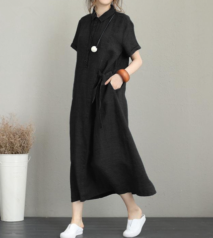 Cindy – Damenkleid Aus Baumwolle Und Leinen Mit Umschlag Und Kurzen Ärmeln, Locker Und Lang
