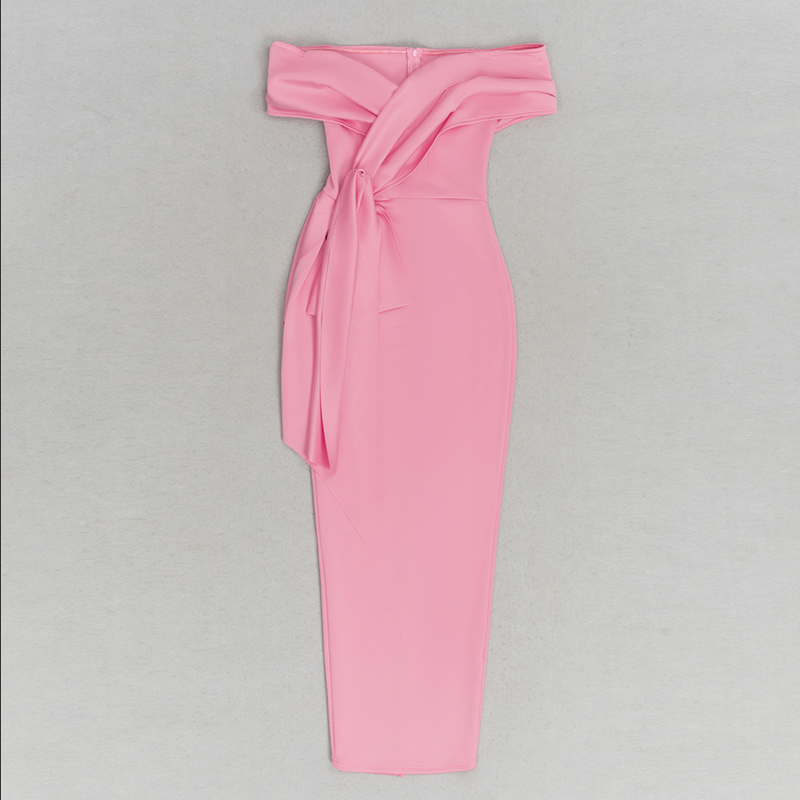 Schulterfreies Midikleid mit Rüschen | Rosa