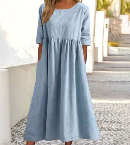 Sofi – Freizeitkleid Aus Baumwolle Und Leinen Mit Freien Ärmeln Und Lockerer Passform