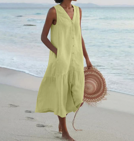 Karla – Vintage-Kleid Aus Baumwollmischung Mit V-Ausschnitt Für Damen