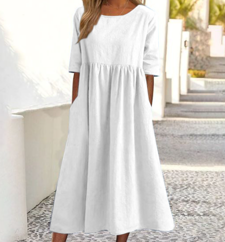 Sofi – Freizeitkleid Aus Baumwolle Und Leinen Mit Freien Ärmeln Und Lockerer Passform