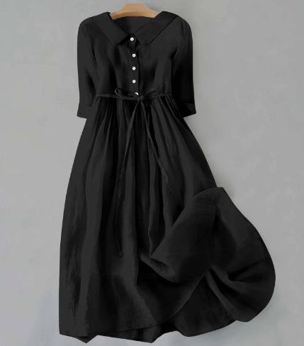 Ylva – Einfarbiges Damenkleid Aus Baumwollleinen Mit Puppenkragen