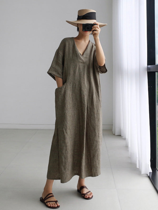 Elfriede - Hemdkleid mit V-Ausschnitt aus Baumwolle und Leinen