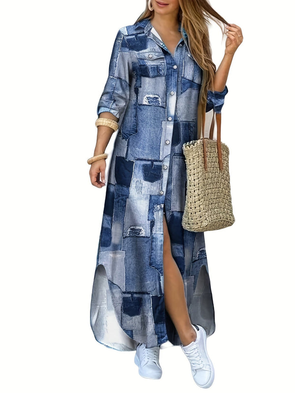 Damen Casual Midi Hemdkleid in Blau