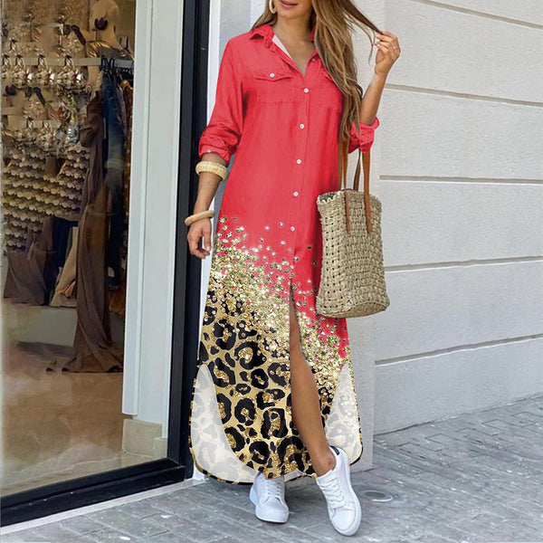 Warmes | Langarm Hemdkleid in Rot mit Leopardenmuster für dich