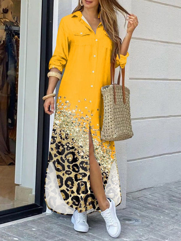 Bequemes | Langarm Hemdkleid in Gelb mit Leopardenmuster für dich