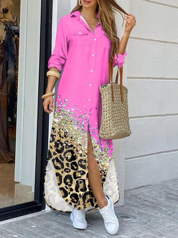 Warmes | Langarm Hemdkleid in Pink mit Leopardenmuster für dich