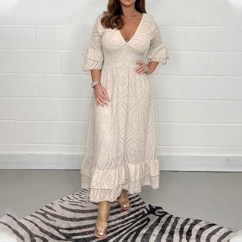 Angela - Midikleid mit bestickten Anglaise-Rüschen an den Ärmeln
