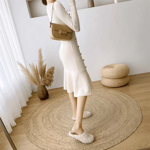 Kleid - elegantes geripptes Damen Midi-Kleid