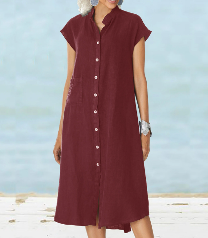 Kia – Einfarbiges, Legeres, Elegantes Damenkleid Aus Baumwolle Und Leinen