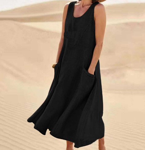 Sabine Damen-Sommerkleid, Ärmellos, Elegant, Rundhalsausschnitt, Baumwolle Und , Einfarbig, Langes Tank-Top, Lässiges Sommerkleid