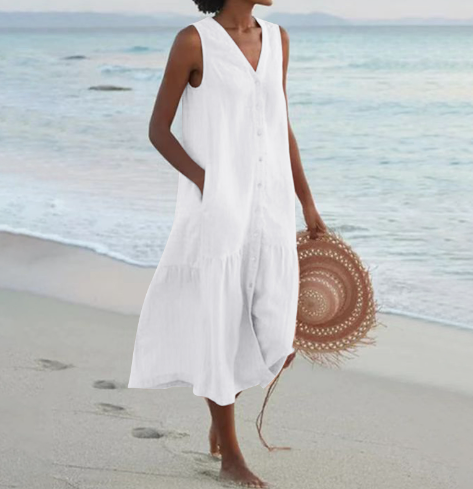 Karla – Vintage-Kleid Aus Baumwollmischung Mit V-Ausschnitt Für Damen