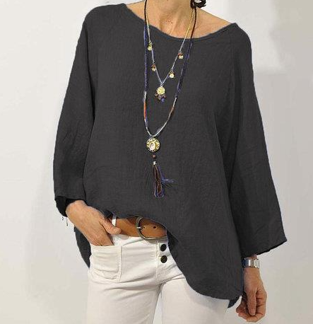 Eila Damen-Bluse Mit Rundhalsausschnitt Und Neunten Ärmeln, Einfarbig, Aus Baumwollleinen