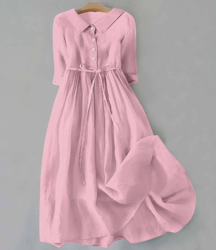 Ylva – Einfarbiges Damenkleid Aus Baumwollleinen Mit Puppenkragen