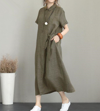 Cindy – Damenkleid Aus Baumwolle Und Leinen Mit Umschlag Und Kurzen Ärmeln, Locker Und Lang