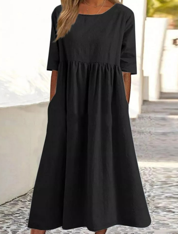 Sofi – Freizeitkleid Aus Baumwolle Und Leinen Mit Freien Ärmeln Und Lockerer Passform
