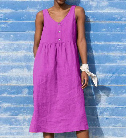 Carita Damen-Kleid, Einfarbig, Locker, Elegant, Lässig, Ärmellos, Baumwoll-Leinen