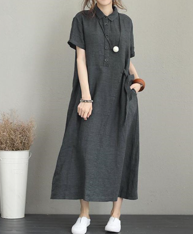Cindy – Damenkleid Aus Baumwolle Und Leinen Mit Umschlag Und Kurzen Ärmeln, Locker Und Lang