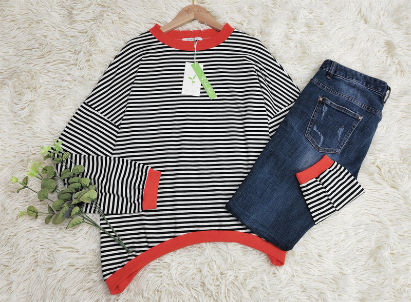 Luise - Orange, marineblau und weiß gestreifter Langarmpullover