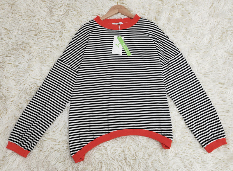 Luise - Orange, marineblau und weiß gestreifter Langarmpullover