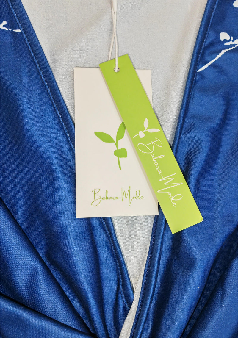 Christel - Weißes Kirschblüten-Königsblaues Midikleid mit Drehverschluss