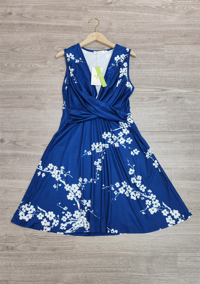 Christel - Weißes Kirschblüten-Königsblaues Midikleid mit Drehverschluss