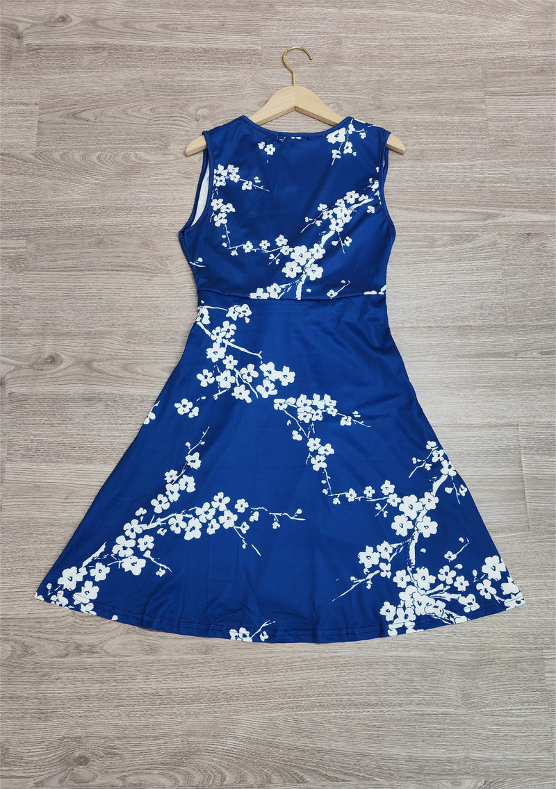 Christel - Weißes Kirschblüten-Königsblaues Midikleid mit Drehverschluss