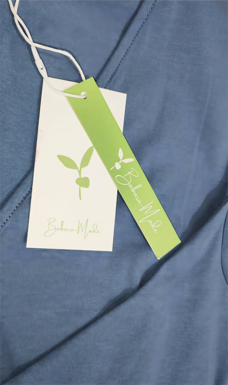 Gerlinde - Blaues ärmelloses Midikleid mit V-Ausschnitt und Kordelzug auf der Vorderseite