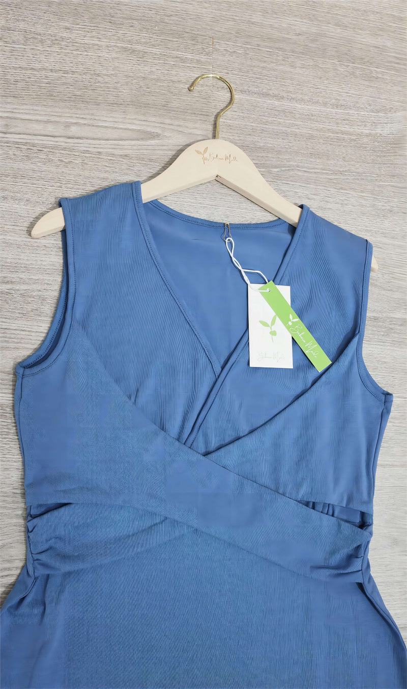 Sabine - Blaues ärmelloses Midikleid mit V-Ausschnitt und Schnürung vorne