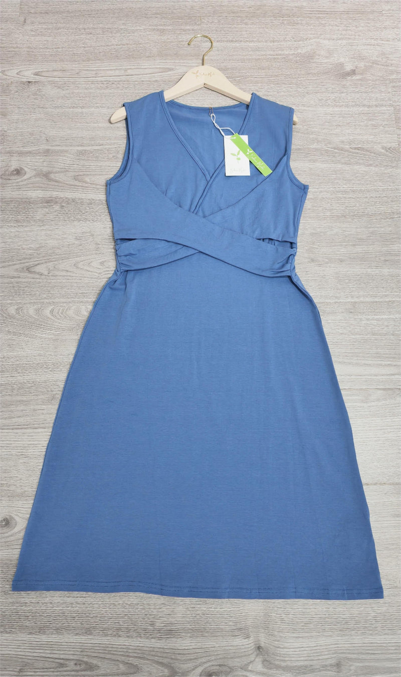 Gerlinde - Blaues ärmelloses Midikleid mit V-Ausschnitt und Kordelzug auf der Vorderseite