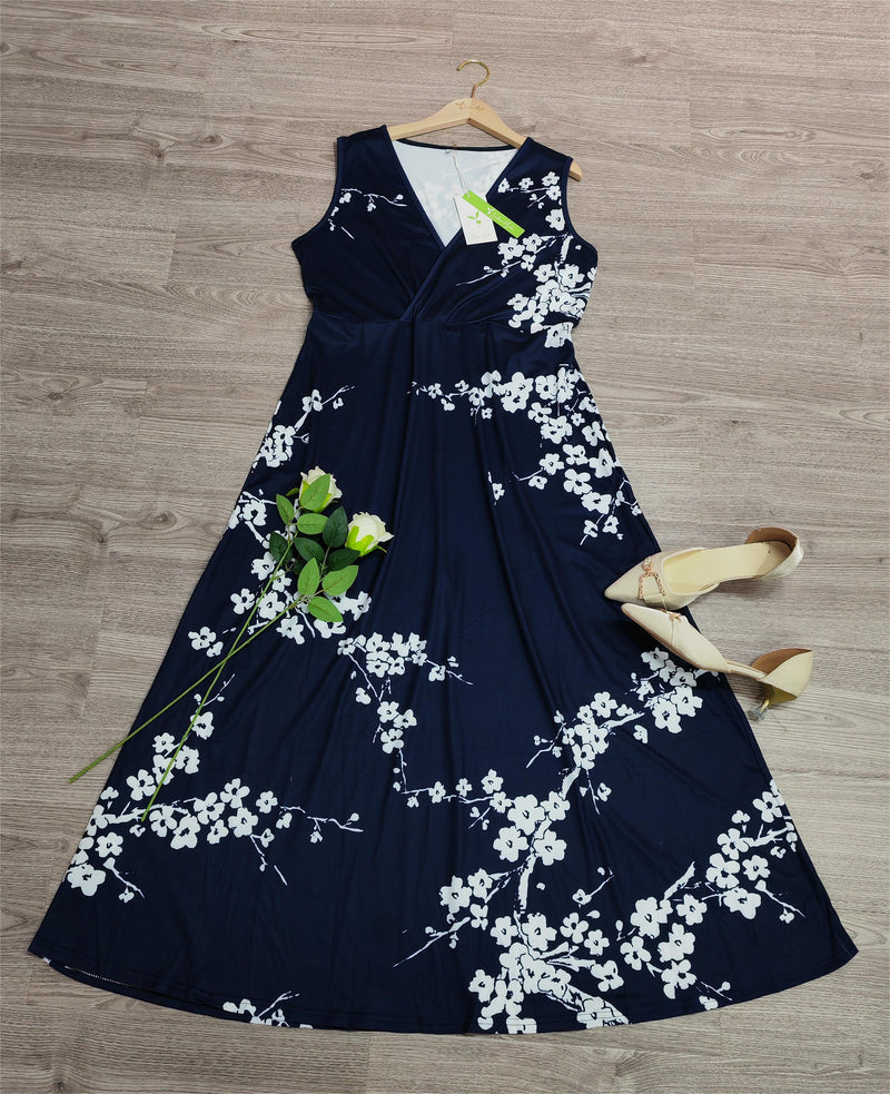 Edwina - Marinefarbenes ärmelloses Maxikleid mit Blumendruck