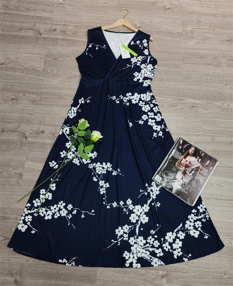 Edwina - Marinefarbenes ärmelloses Maxikleid mit Blumendruck