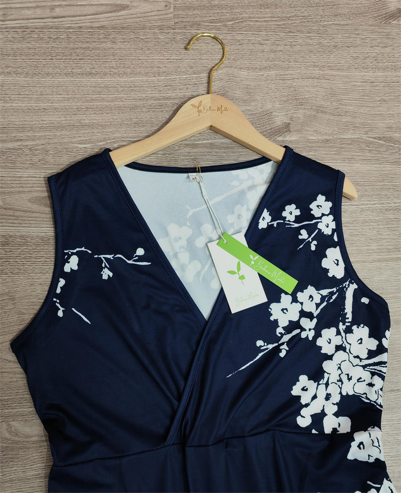 Edwina - Marinefarbenes ärmelloses Maxikleid mit Blumendruck